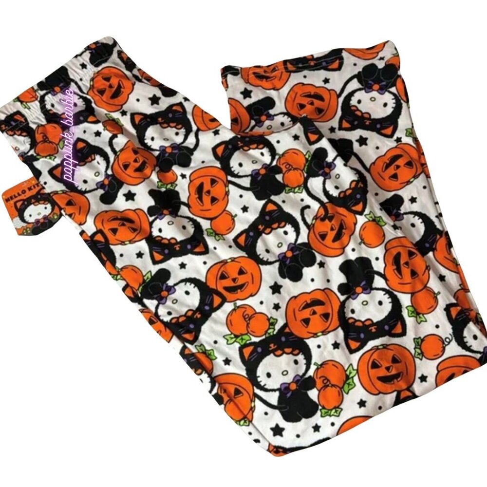 BRAND NEW‎ Hello Kitty Halloween Pumpkin Black Cat Pajama Pants M